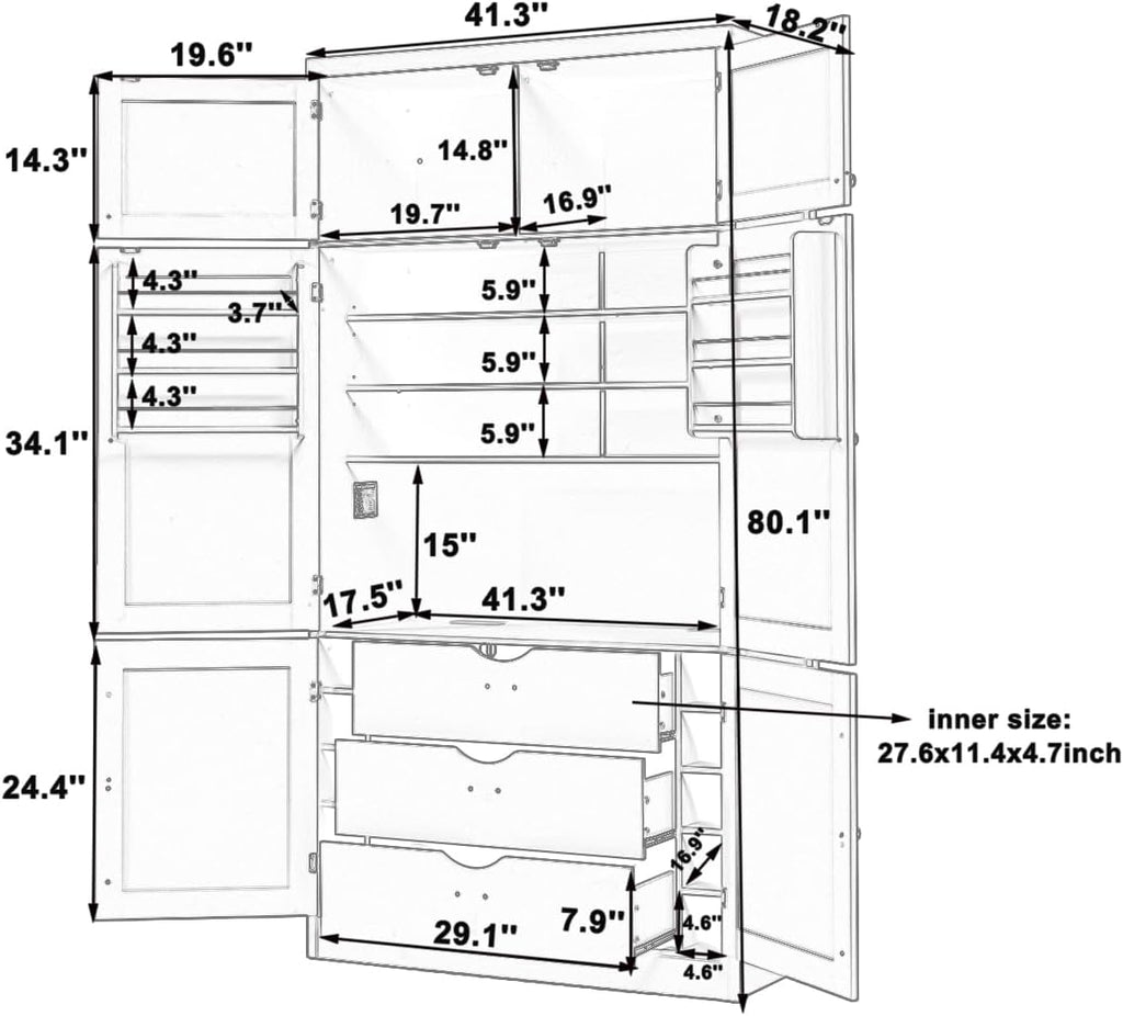 JIJIWANG 70.9" H Farmhouse Freestanding Kitchen Pantry Storage Cabinet with Drawers and Shelves, Buffet with 8 Pull-Out Trays and 4 Doors Blue