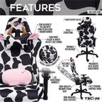 Pemberly Row Modern Gaming Chair, Cow Print Velvet-Like Fabric, Black/White, Adjustable Arms, 150° Recline, Memory Foam Seat, Lumbar Pillow, Durable Nylon Base, 250 lb Capacity, Home or Office Use