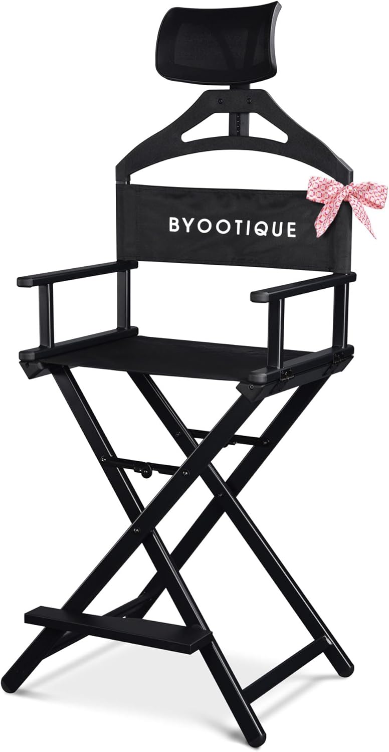 BYOOTIQUE Makeup Artist Stool Chair Protable 28" Height Tall Folding Directors Chair Aluminum Makeup Chair with Head Rest for Wedding Hair Stylist Studio Salon Vanity Craft Show, Black