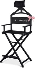 BYOOTIQUE Makeup Artist Stool Chair Protable 28" Height Tall Folding Directors Chair Aluminum Makeup Chair with Head Rest for Wedding Hair Stylist Studio Salon Vanity Craft Show, Black