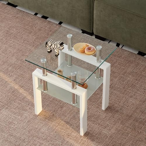 Glass End Table Tea Table with Shelf Side Table with Metal Legs Modern Small Tables for Livingroom (White)