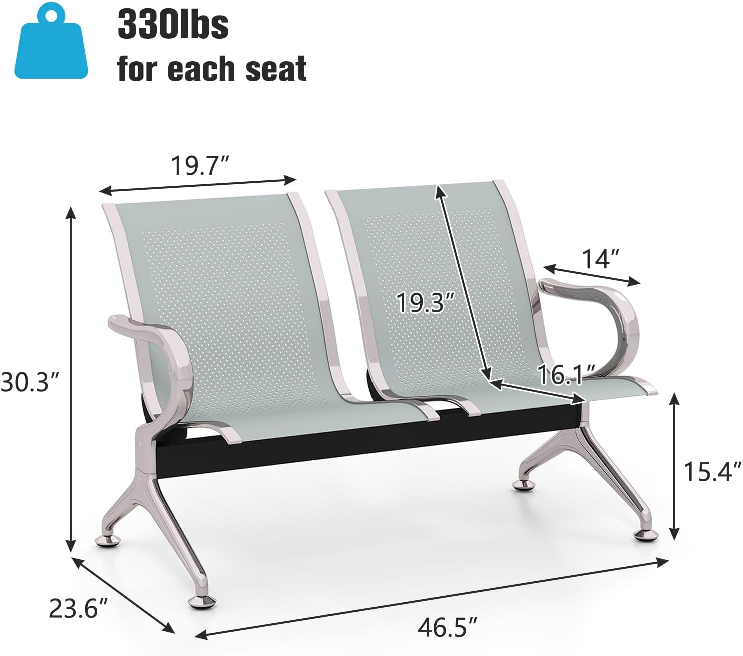 Peach Tree Airport Reception Waiting Room Chair with Arms for Reception Room, Office, Barber Bench in Bank Hospital and Market (2 Seats, Silver)