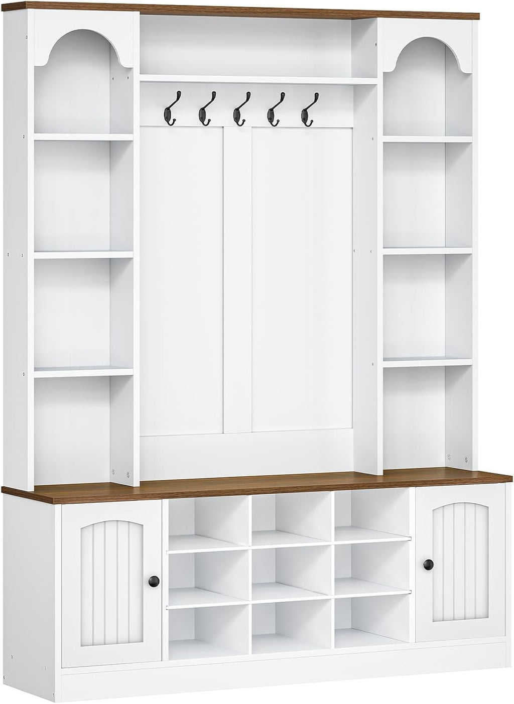 HOOBRO Hall Tree with Bench and Shoe Storage, 51" Entryway Bench with Coat Rack, Farmhouse Entryway Organizer with 5 Hooks, 8 Open Compartments, 9 Shoe Cubbies, for Hallway, White and Walnut WH180MT01