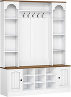 HOOBRO Hall Tree with Bench and Shoe Storage, 51" Entryway Bench with Coat Rack, Farmhouse Entryway Organizer with 5 Hooks, 8 Open Compartments, 9 Shoe Cubbies, for Hallway, White and Walnut WH180MT01