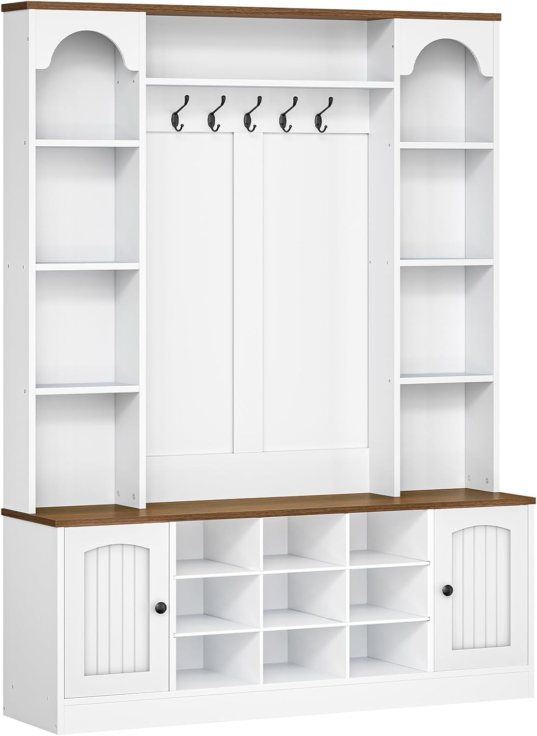 HOOBRO Hall Tree with Bench and Shoe Storage, 51" Entryway Bench with Coat Rack, Farmhouse Entryway Organizer with 5 Hooks, 8 Open Compartments, 9 Shoe Cubbies, for Hallway, White and Walnut WH180MT01
