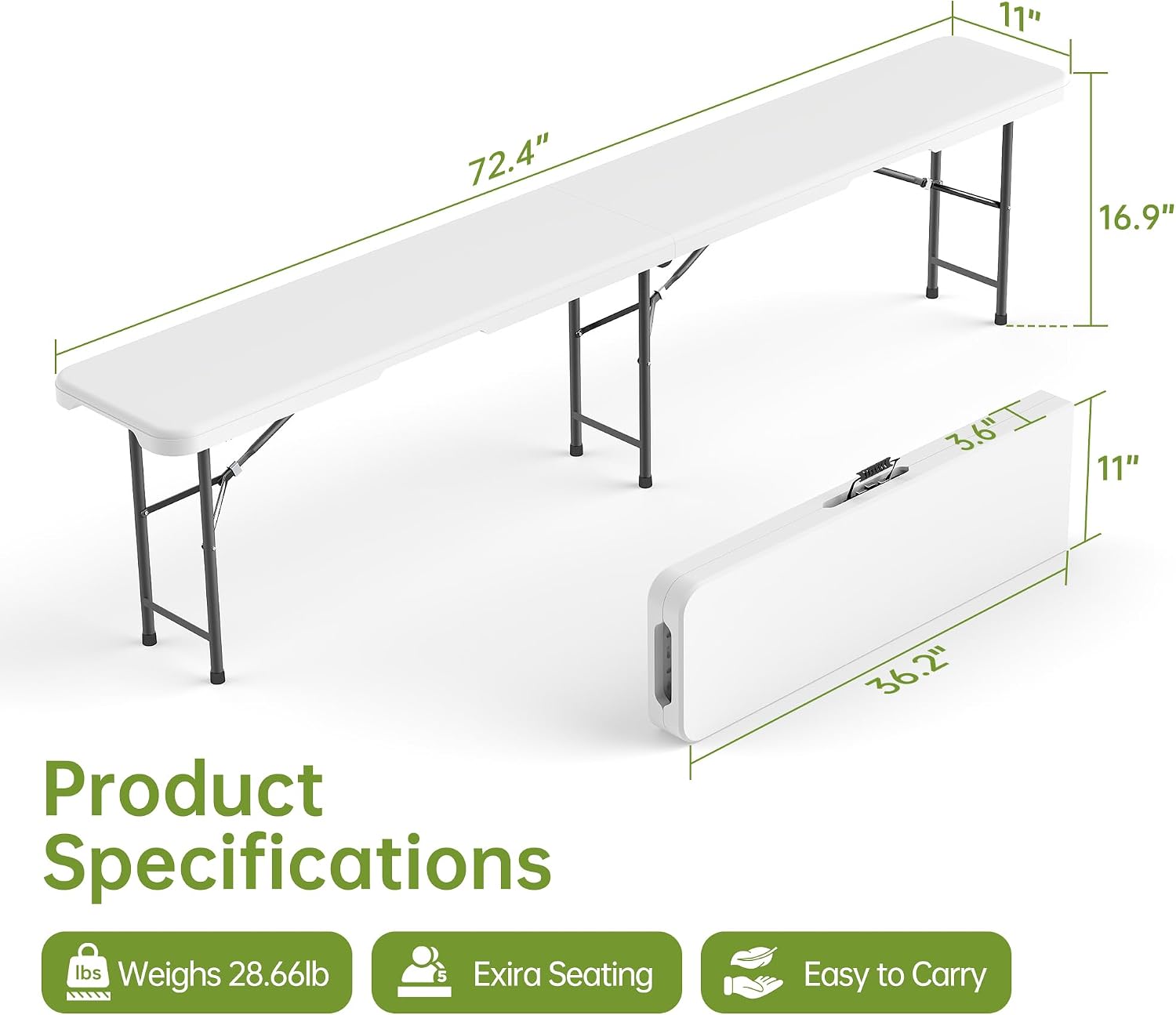 Real Relax 6 feet Plastic Folding Bench with Carrying Handle & Lock,Portable in/Outdoor Picnic Party Camping Dining Seat, Garden Soccer Multipurpose Entertaining Activities,Waterproof, 2 Pack, White
