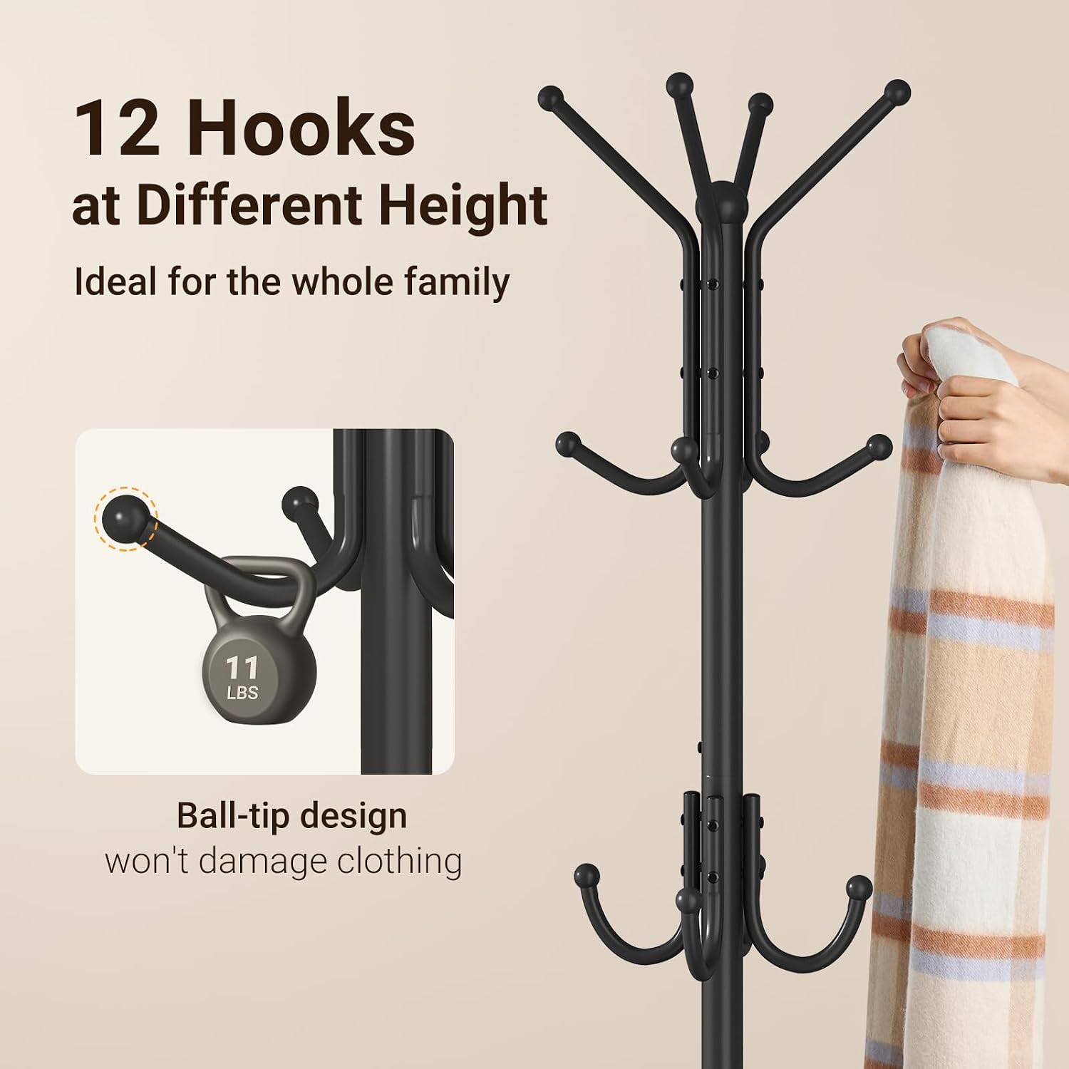 ELYKEN Coat Rack Freestanding, Metal Coat Rack with Umbrella Holder | 12 Hooks, Square Base, Heavy Duty Floor Standing Coat Tree for Entryway, Hallway, Living Room, Bedroom, Office, Black