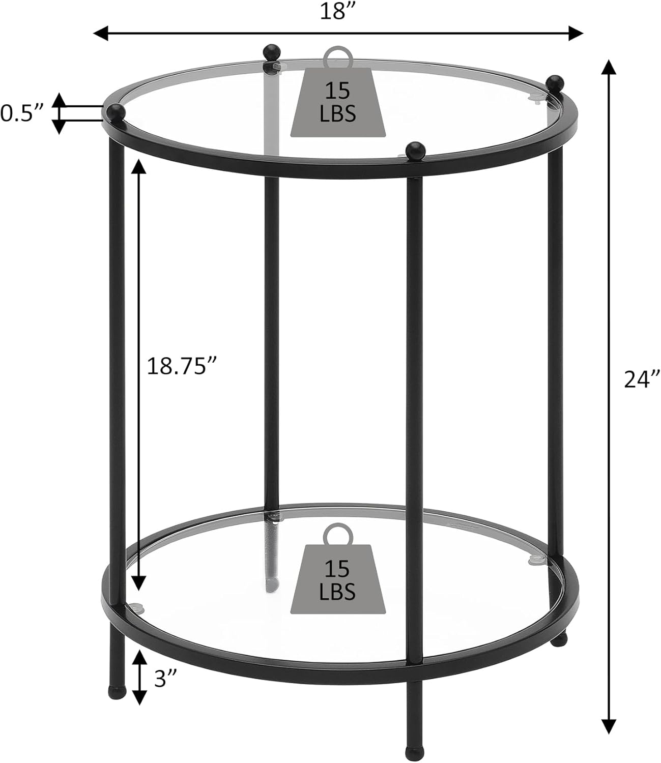 Convenience Concepts Royal Crest Glass Round End Table 18" - 2 Tier Modern, Contemporary Side Accent with Storage Shelf for Glam Living or Family Room, Bronze Gold
