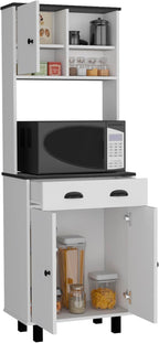 23.6"D*13.7"W*90"H Freestanding Storage Cabinet with Drawer & 2 Open Shelves, Top Single Door & Lower Double Door, Black Legs, Rectangular Kitchen Pantry, for Living Room, Dining Room, White