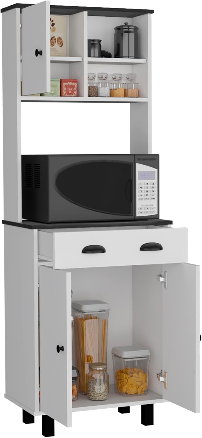 23.6"D*13.7"W*90"H Freestanding Storage Cabinet with Drawer & 2 Open Shelves, Top Single Door & Lower Double Door, Black Legs, Rectangular Kitchen Pantry, for Living Room, Dining Room, White