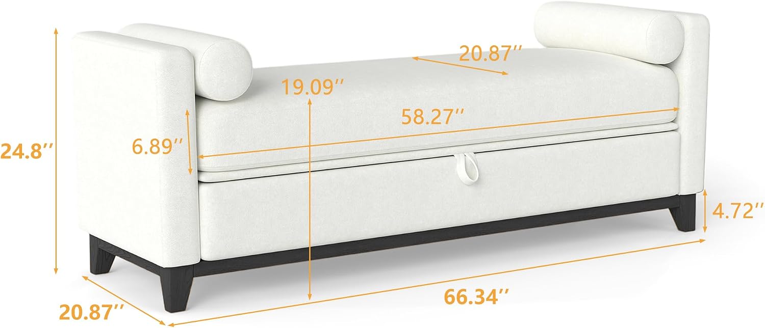 KEIKI Upholstered End of Bed Storage Bench, 66" Modern Bedroom Bench Indoor Bench with 2 Bolster Pillows, Entryway Bench with Solid Wood Frame for Bedroom Living Room, Beige+Black