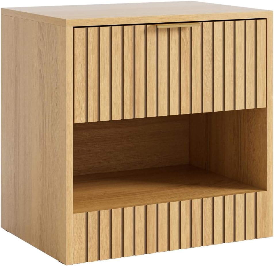 Small Nightstand, Modern Night Stand, Bedside Table with Drawer and Open Shelf, Cube Design, Small Side Table for Bedroom, Living Room, Oak