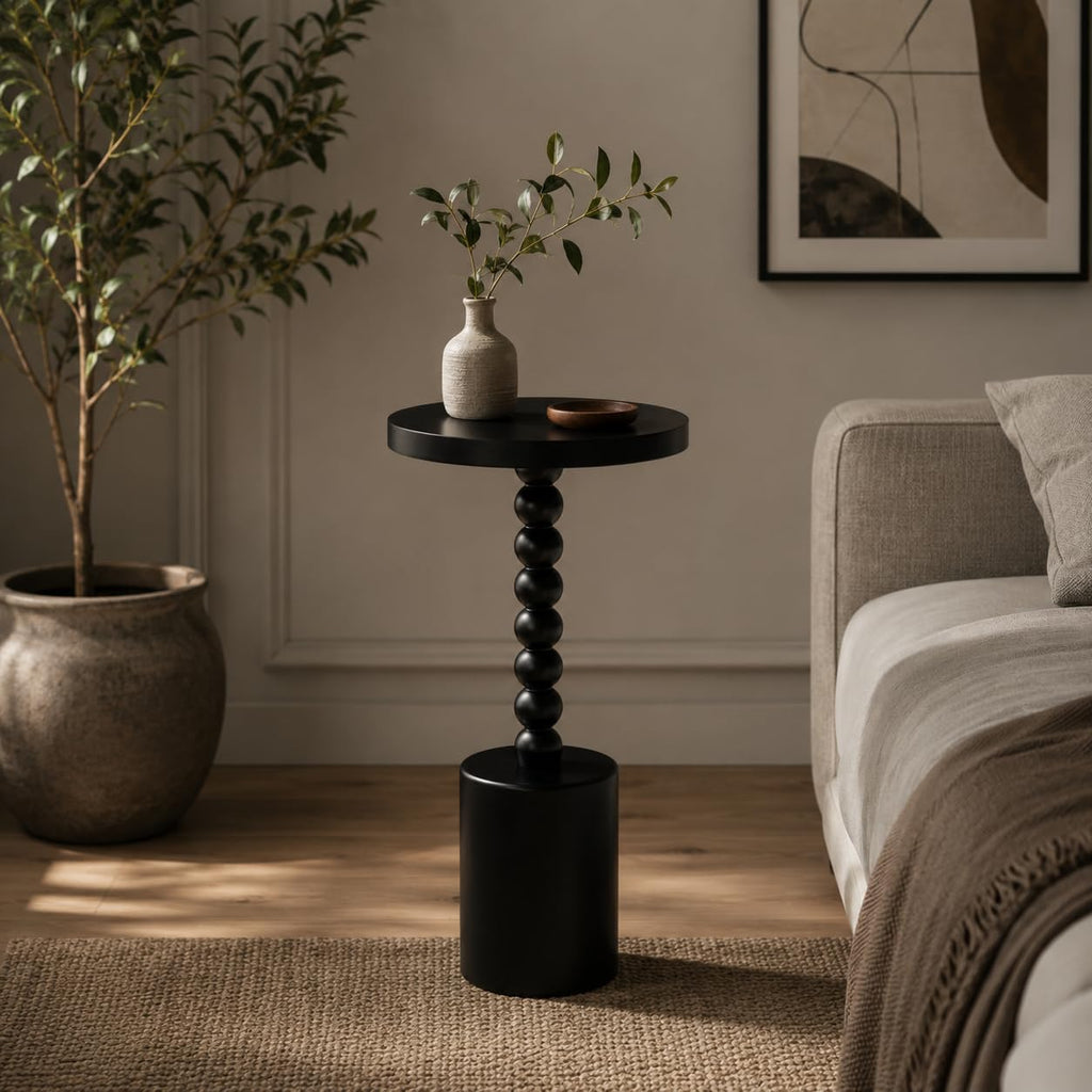 COZAYH Black Wood End Table with Round Top and Decorative Beaded Pedestal, Modern Accent Side Table Drink Table for Living Room, Small Spaces