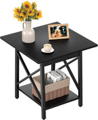GreenForest Square End Table for Living Room, 20 Inch Large Side Table with X-Frame, Farmhouse Tall Bedside Nightstand with 2-Tier Storage Shelf, Black