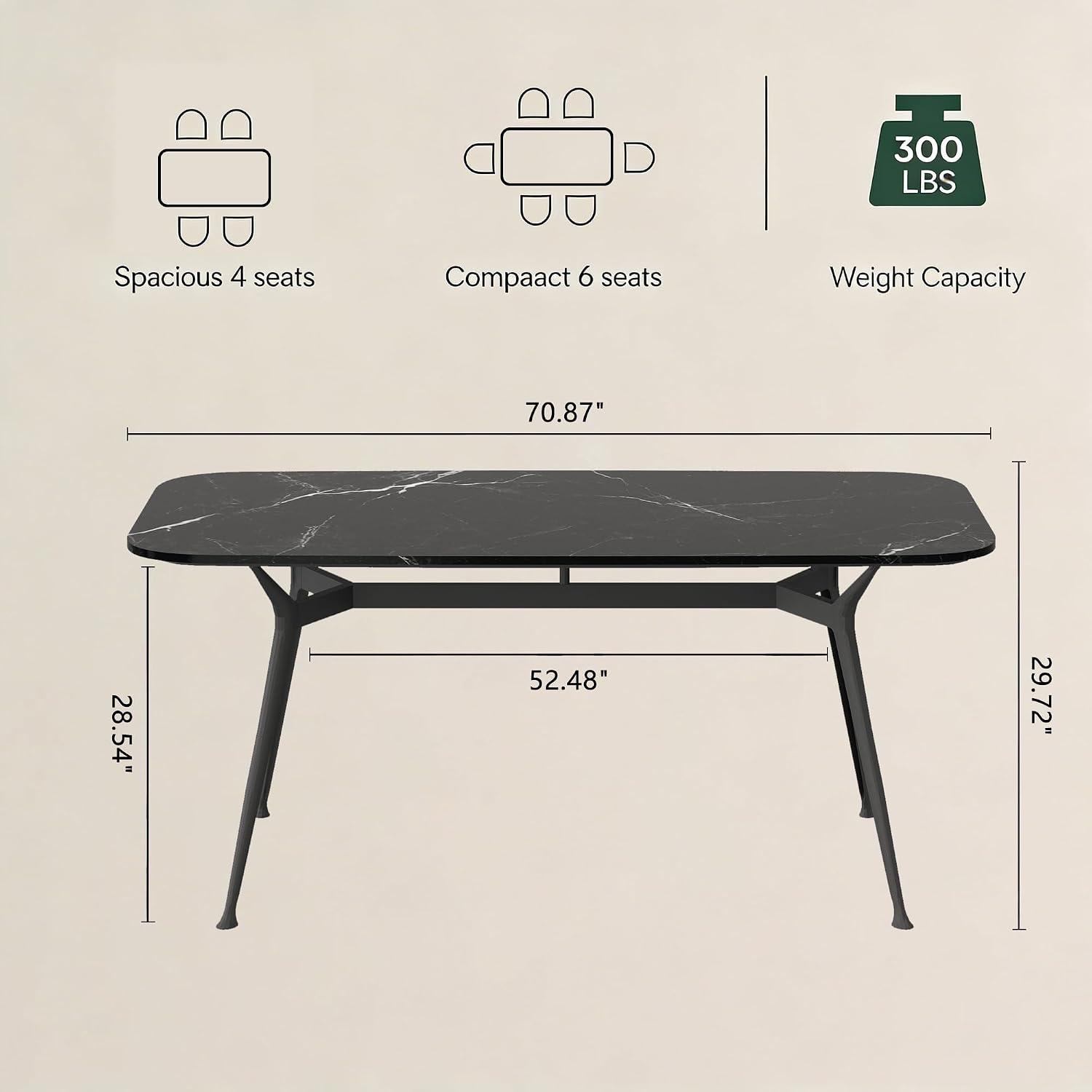 Dining Table for 4-6，70.87" Glossy Sintered Stone Top Dining Table with Carbon Steel Pedestal, Modern Dining Room Table for Kitchen, Living Room (Black, Table Only)
