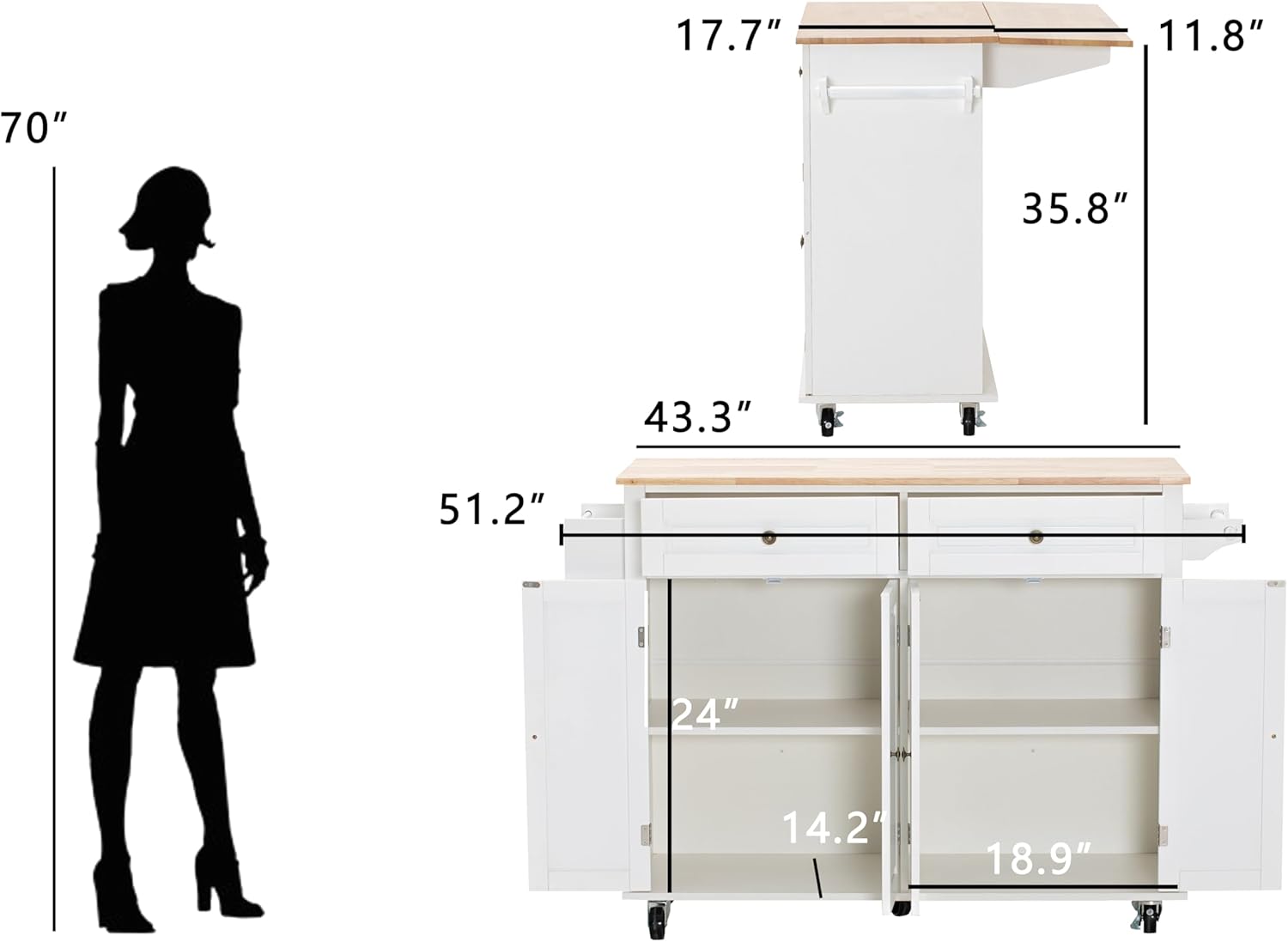 JassmiPkwy 51.2'' Rolling Kitchen Island with Drop Leaf - Kitchen Carts on Wheels with Storage, Towel Rack, Drawers Island Table for Kitchen, Dining Room, White