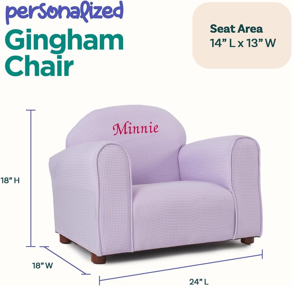 Keet Personalized Gingham Kids Chair with Custom Name Embroidery, Soft Microsuede Fabric, Padded Cushion, Wooden Frame, Ages 2-5, Comfortable & Stylish Toddler Armchair for Playroom & Bedroom.