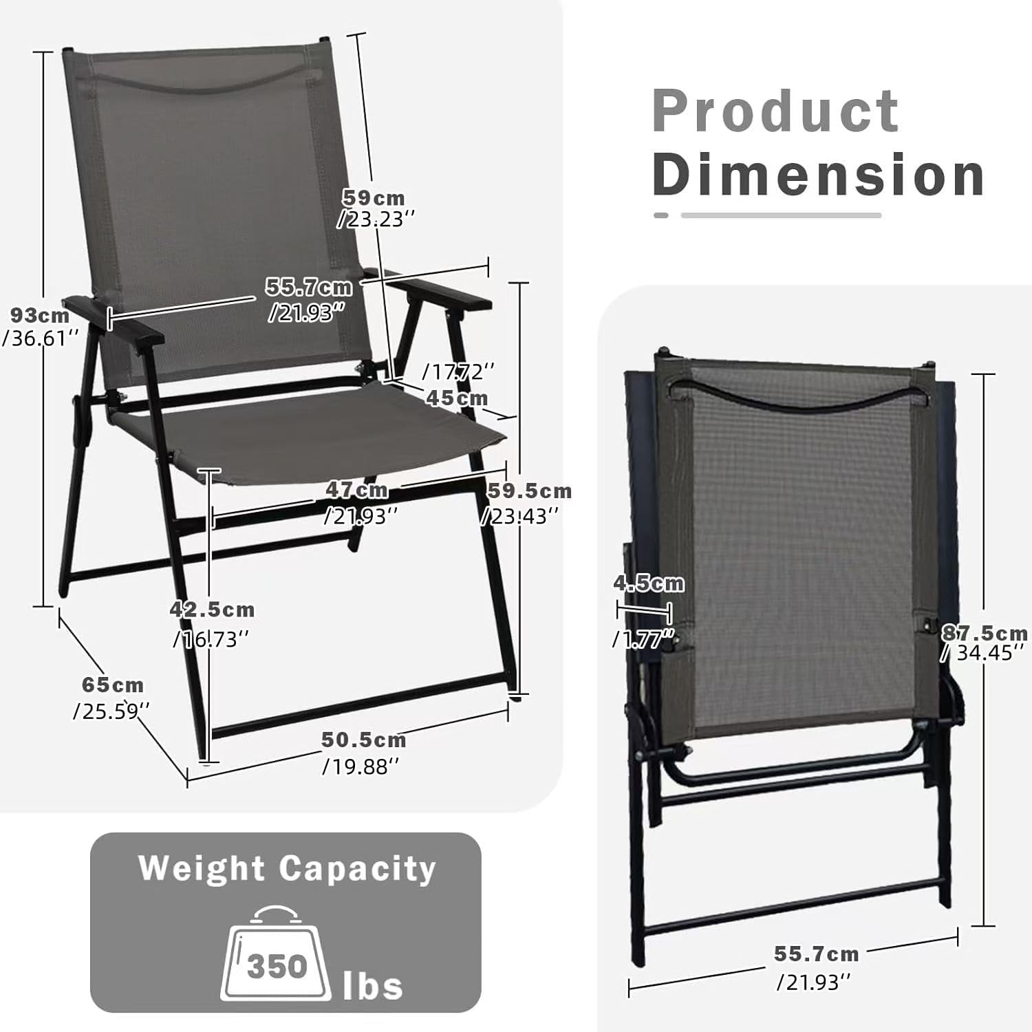 YLGJ&TIDY Folding Patio Chairs Set of 2 Stackable Outdoor Chairs with Armrests Backrest Portable Folding Chair for Patio Garden Camping Fishing Yard Lawn，No Assembly (Gray, 2 Pcs)