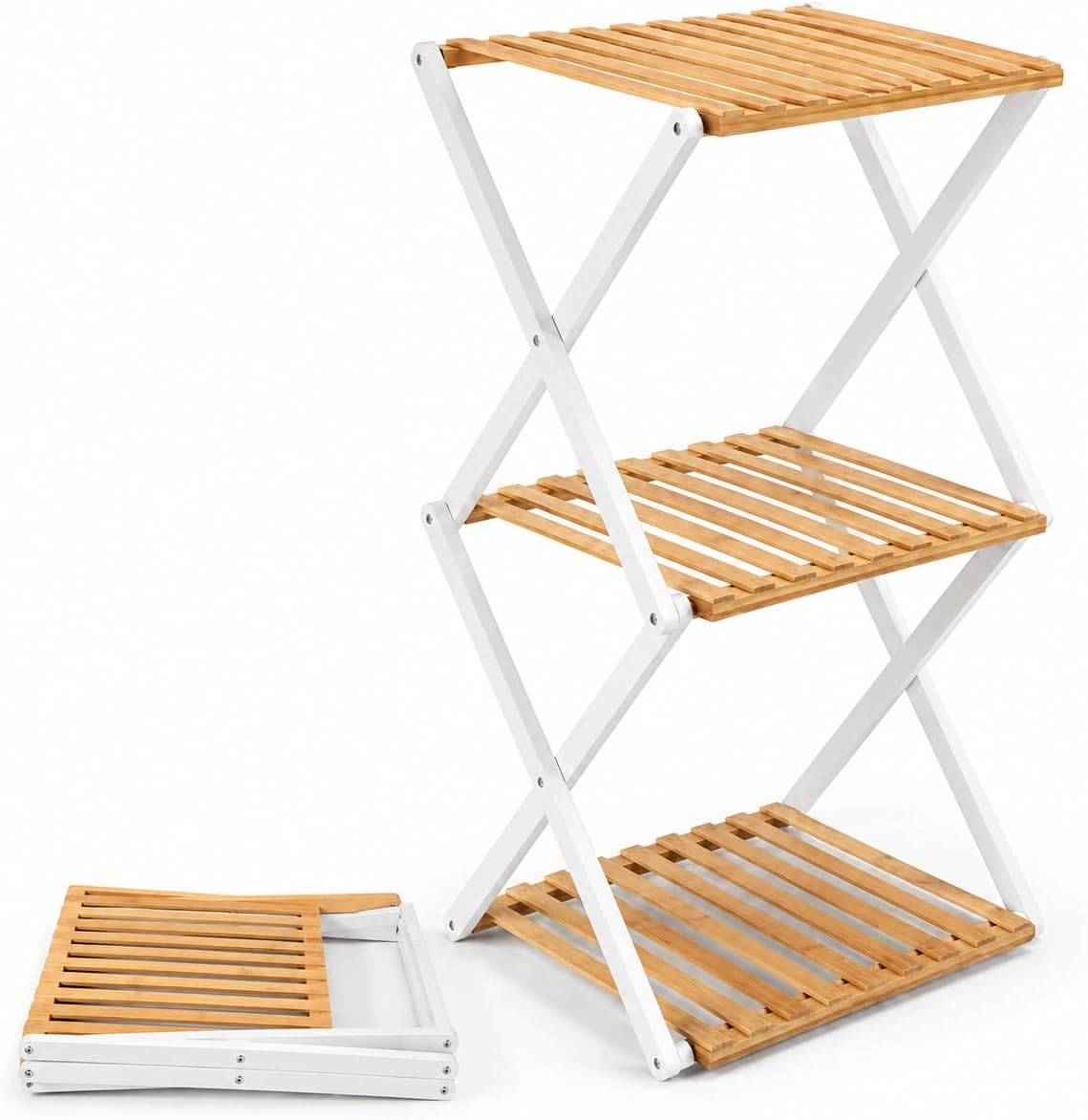 Foldable Bamboo Shoe Rack, 3-Tier Vertical Shoe Organizer for Small Spaces, Narrow Multifunctional Folding Shelf for Entryway, Closet, Bedroom, Hallway, Outdoor Camping & Plant Display-White