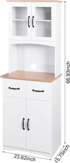 Kitchen Pantry Storage Cabinet with Framed Glass Doors and Drawer, Microwave Stand with Adjustable Shelves, Freestanding Cupboard for Kitchen, Dining Room or Apartment