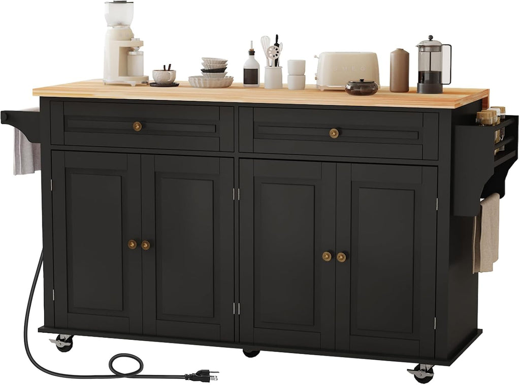 JassmiPkwy 67’’ Movable Kitchen Island with Drop Leaf and Power Outlet, Lockable Sliding Countertop Rolling Island Cart with 2 Large Drawers, Spice, Towel Rack,Black