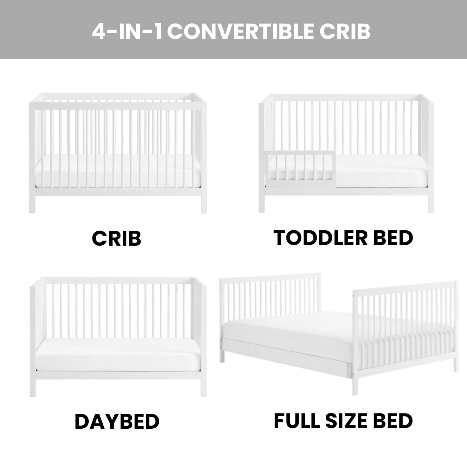 Oxford Baby Essentials Island Full Size 4-in-1 Convertible Baby Crib with Round Spindles, White