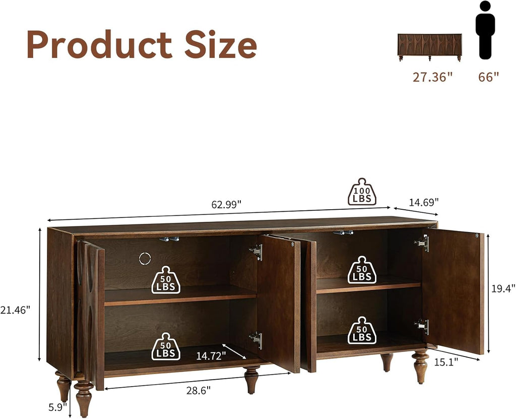 63" Sideboard Buffet Cabinet with Storage, Mid-Century Modern Sculpted Door Design Buffet Sideboard Accent Credenza with Adjustable Shelves for Living Room Kitchen Hallway (Walnut)