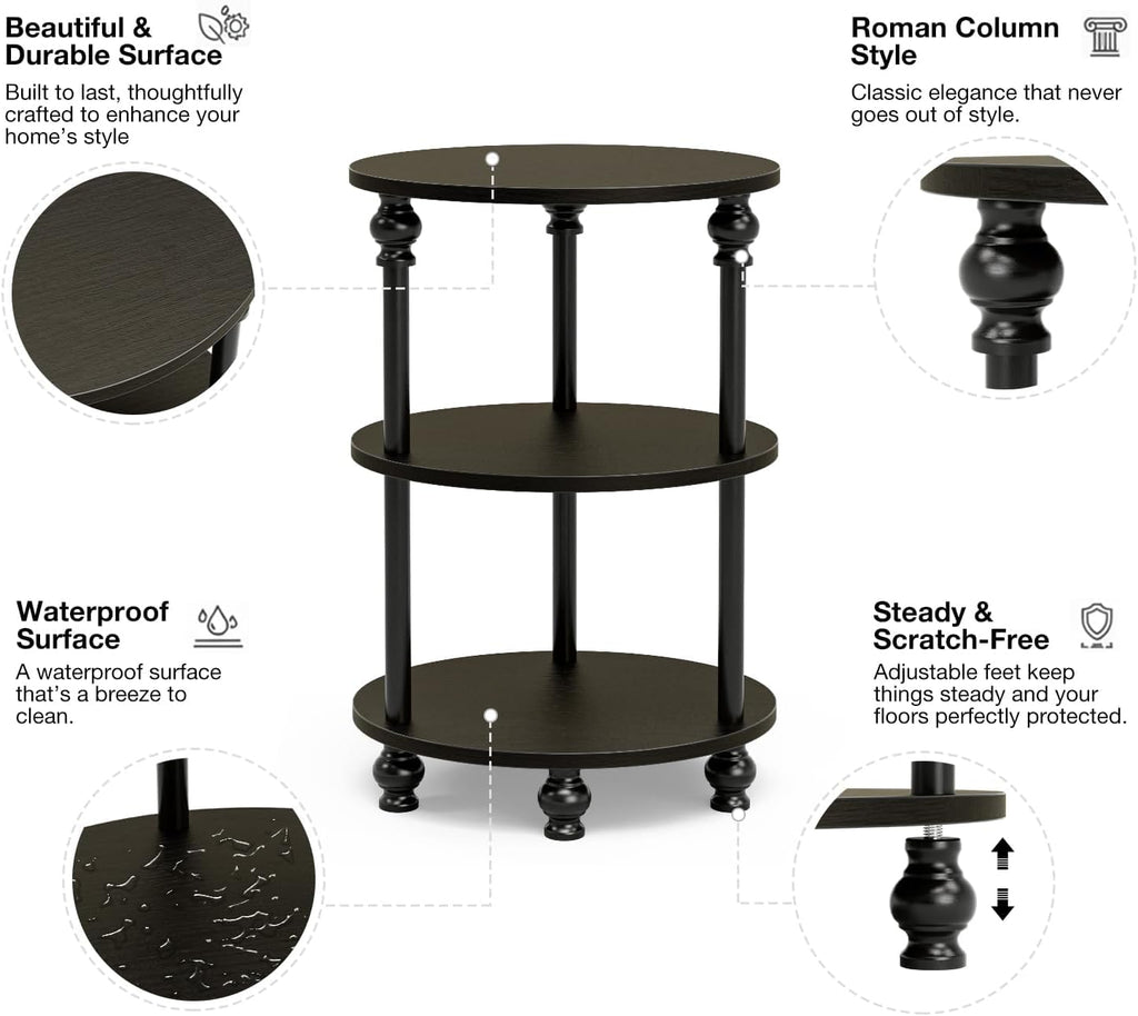 Small Round Side Table - 3 Tier Accent End Table for Narrow Spaces, Sturdy Metal Frame with Wood Finish and 44 Lbs Capacity per Shelf, Nightstand or Bedside Use for Living Room, Black
