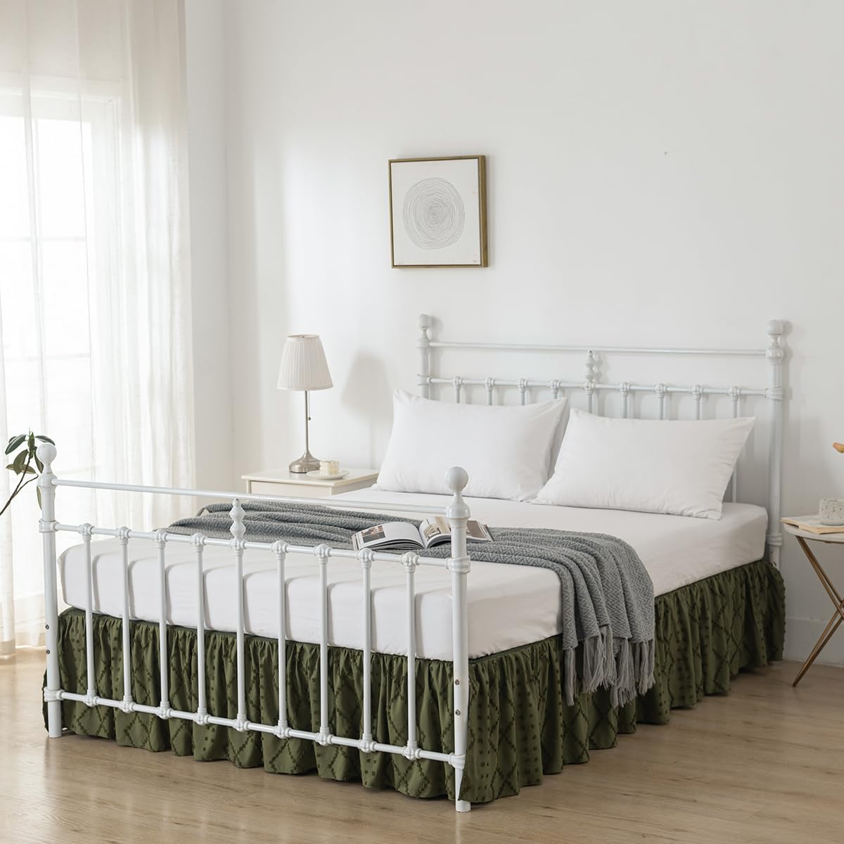 Bed Skirt King Size Ruffled Bed Skirt with Split Corners, 18 Inch Drop Dust Ruffle Bed Skirts with Platform, Boho Tufted Shabby Chic King Size Bed Skirts, Olive Green