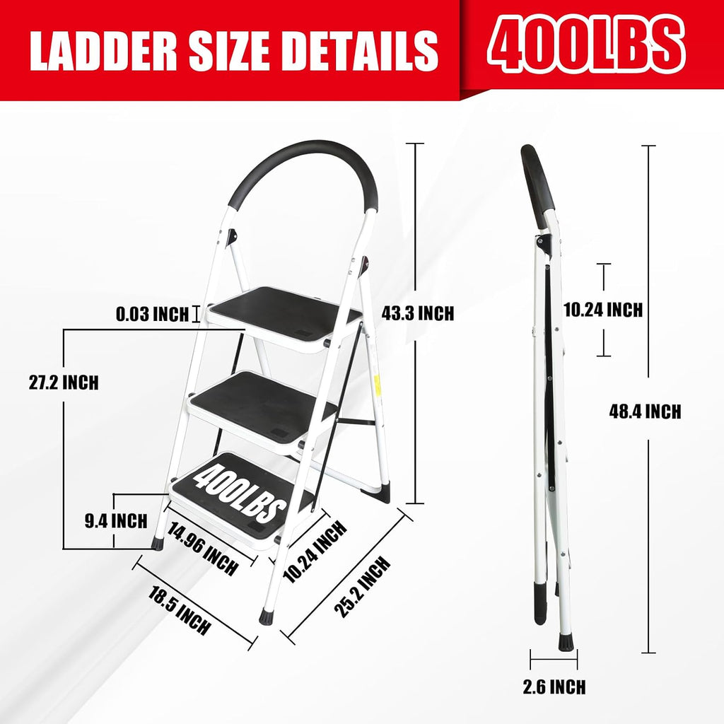 Big RED 3 Step Ladder, Folding Step Stool with Anti-Slip Pedal, Step Ladder 3 Step Folding with Padded Handle for Kitchen, Household, Offices. 400 lb Capacity