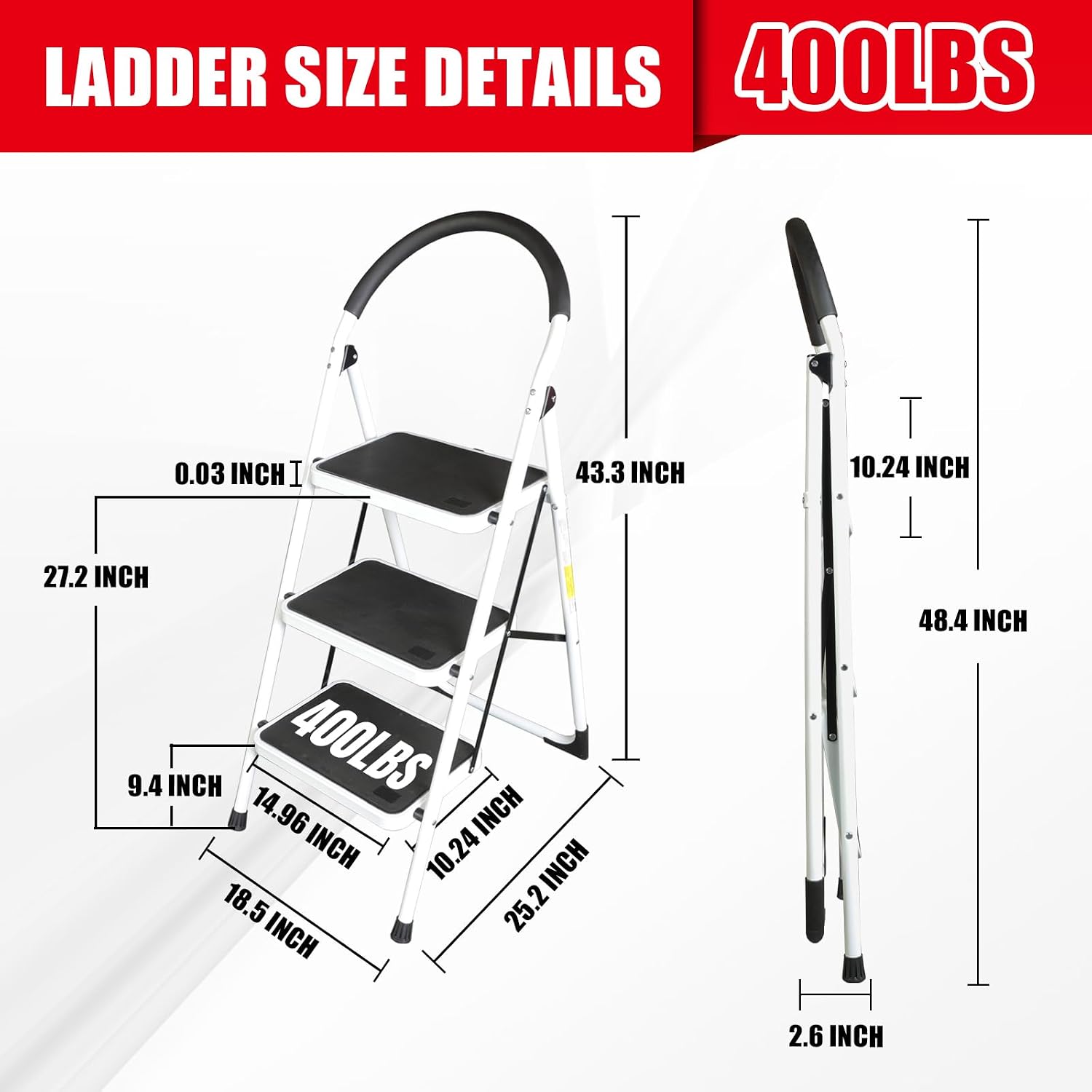 Big RED 3 Step Ladder, Folding Step Stool with Anti-Slip Pedal, Step Ladder 3 Step Folding with Padded Handle for Kitchen, Household, Offices. 400 lb Capacity