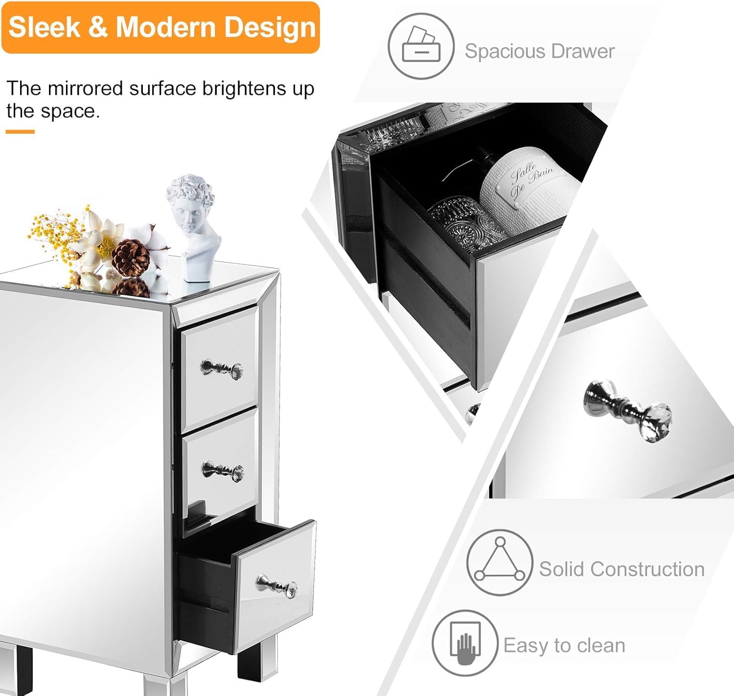 3 Drawer Mirrored Nightstand, Silver Glass Bedside Table with Crystal Knobs, Fully Assembled End Table for Bedroom, Living Room, Glam Accent Furniture, 11.8" x 11.8" x 23.6"