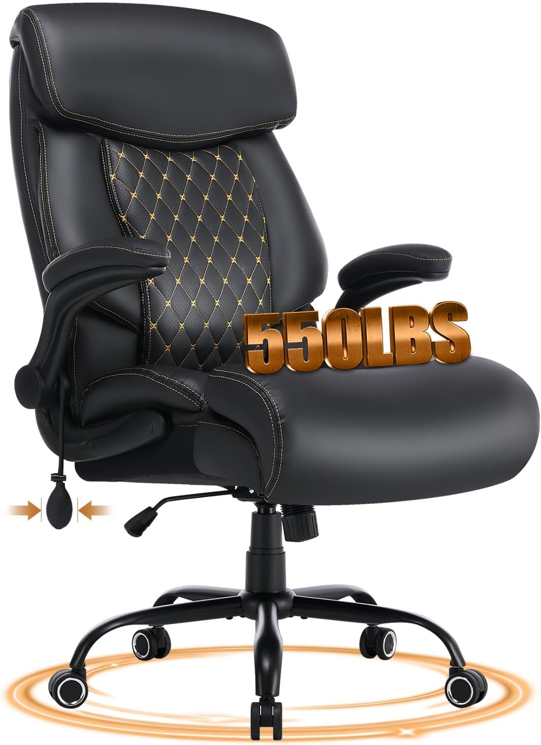 550LBS Big and Tall Office Chair for Heavy People,Ergonomic Office Chair with Padded Flip-Up Arms and Adjustable Lumbar Support,High Back Executive Leather Desk Chair with Rocking Function