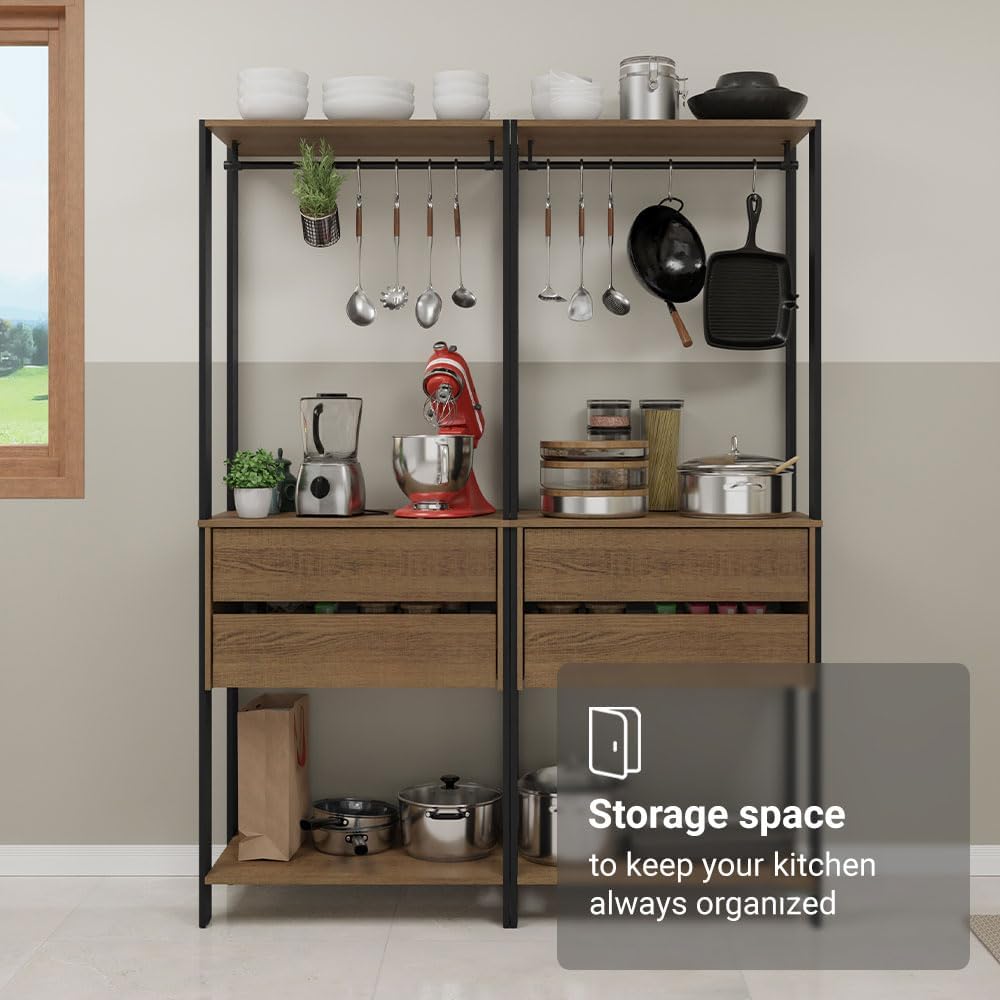 Madesa Kitchen Pantry Storage Rack with 4 Drawers 4 Shelves and 2 Hanging Rods 55" L Modular Multiuse Cabinet for Kitchen Organization - Black/Brown
