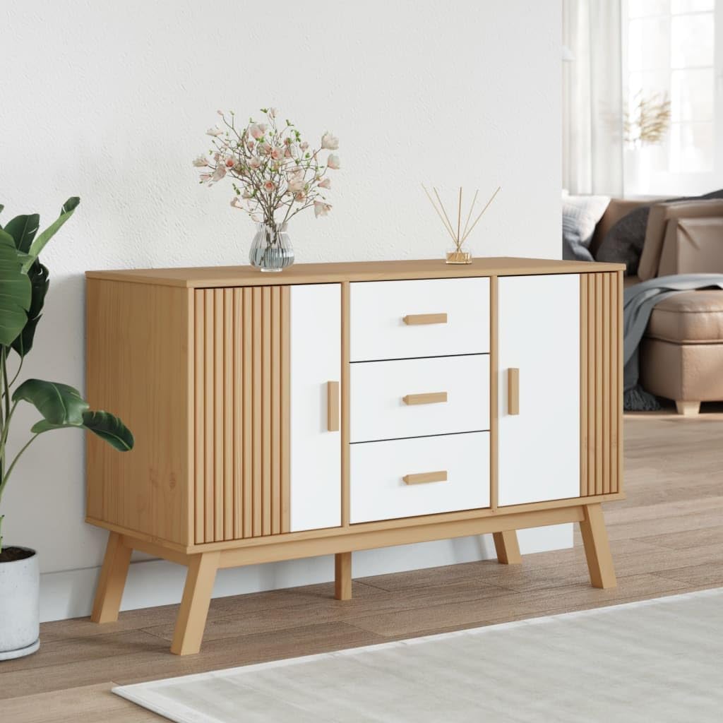White and Brown Solid Pine Wood Sideboard with Multiple Drawers and Doors for Dining Room Living Room Hallway Storage Modern Scandinavian Design