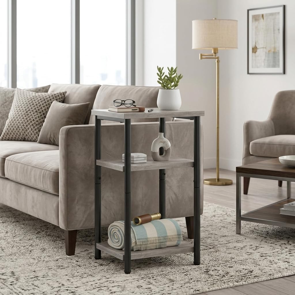 3 Tier End Table for Small Space, Modern Oak Grey Side Table with Metal Frame, Compact Nightstand for Living Room, Bedroom, and Office