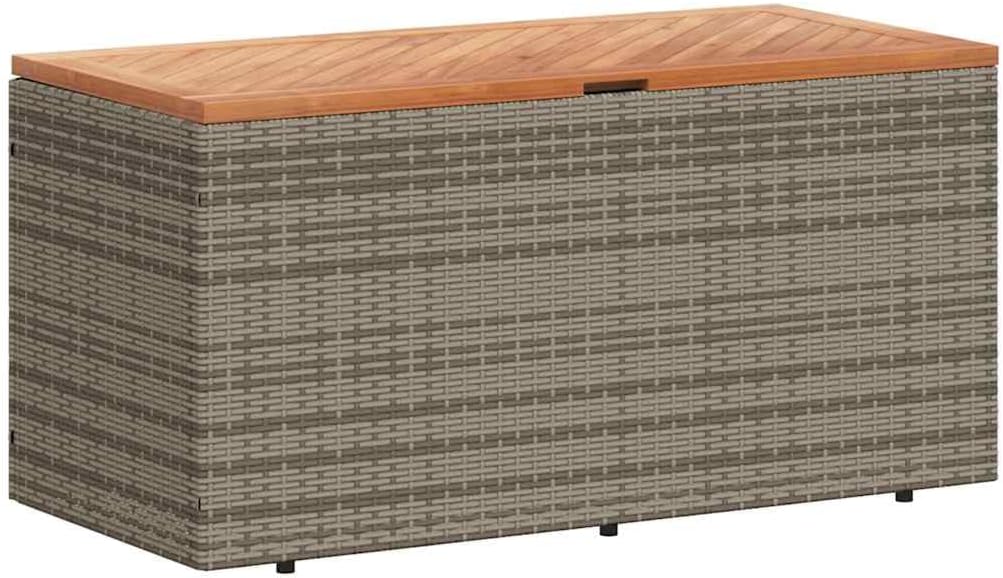 Outdoor Storage Bench with Acacia Wood Top, 43.3x19.7x21.3 Inch Poly Rattan Storage Box for Patio, Gray Garden Box with Water-Resistant Bag and Gas Spring Lid