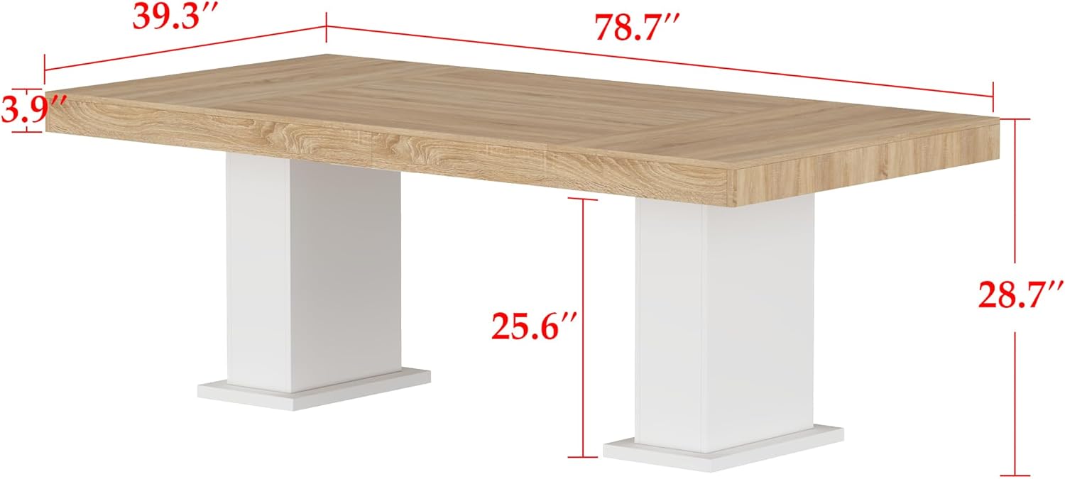 Modern Dining Table for 6-8 People, 78.7" Wood Kitchen Table with Stylish Pedestal, Long Rectangle Wooden Dinner Table for Dining Room, Brown & White