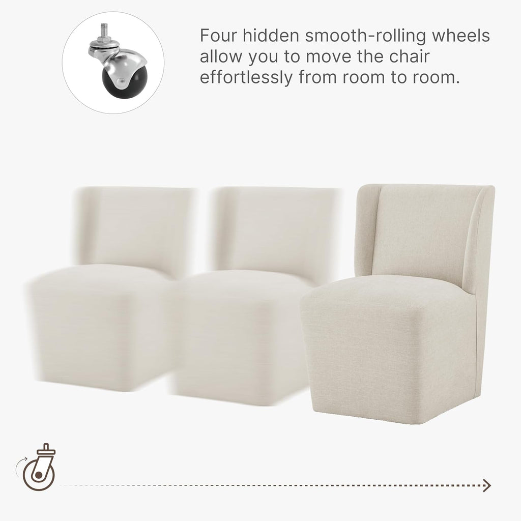 KISLOT Upholstered Dining Chairs Set of 4 with Casters, Wingback Modern Side Armless Deskchair with Rollers for Diningroom Bedroom Livingroom Reading Room, Cream Beige Fabric