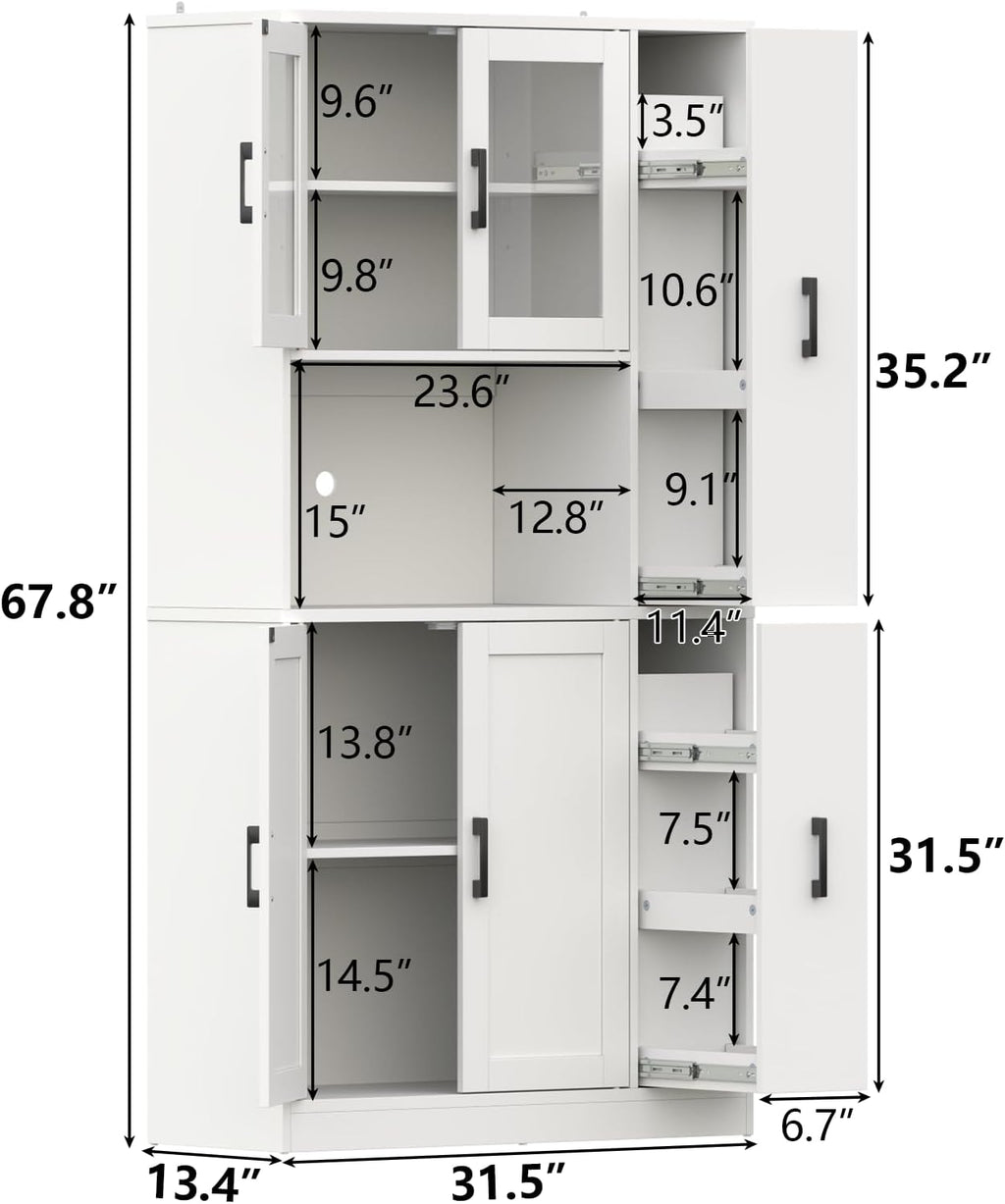 Gyfimoie 68" Tall Kitchen Pantry Cabinet with Side Drawer, Kitchen Pantry Storage Cabinet with Acrylic Door,Freestanding Food Hutch with Microwave Stand for Dining Room (White)