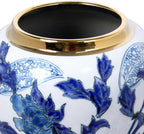 Blue and White Porcelain Vase with Gold Trim - Chinoiserie Style Ginger Jar for Vintage Home Decor, 11 Inches Tall