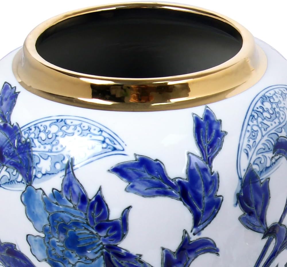 Blue and White Porcelain Vase with Gold Trim - Chinoiserie Style Ginger Jar for Vintage Home Decor, 11 Inches Tall