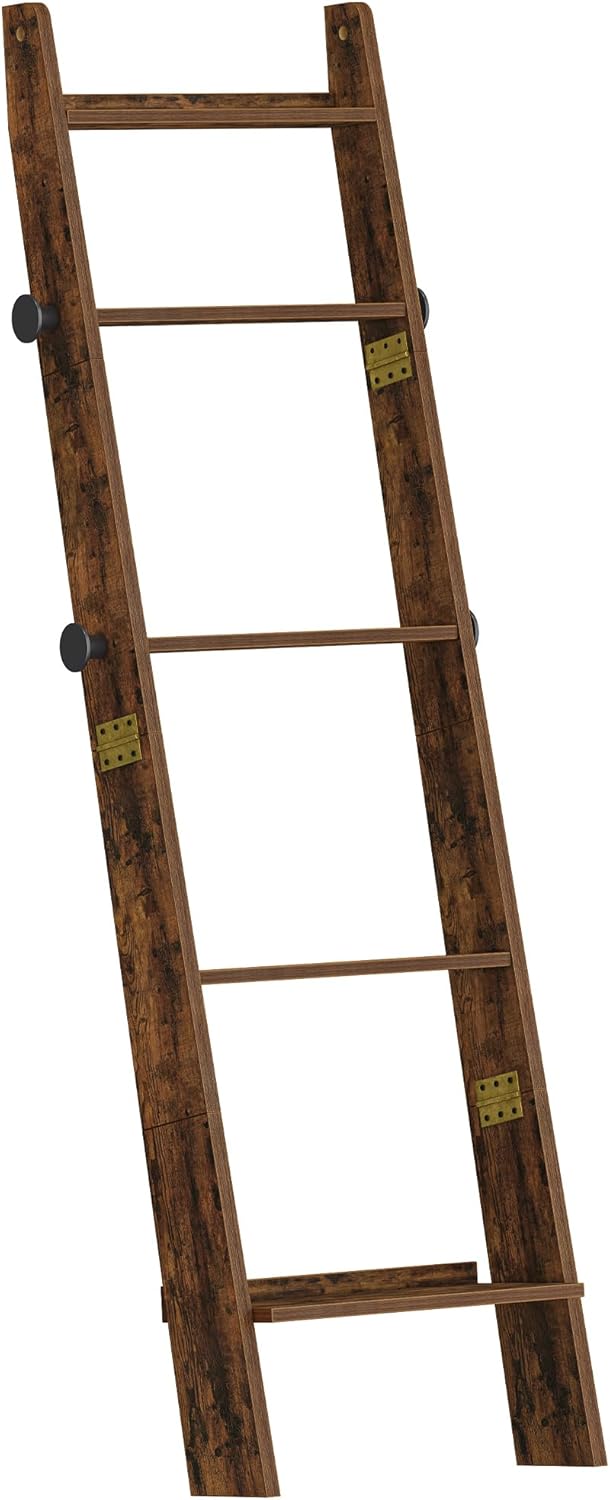 Hzuaneri Blanket Ladder for Living Room, Decorative Quilt Rack with 4 Removable Hooks, 5-Tier Blanket Ladder Shelf for Bedroom,Rustic Brown BR30501X