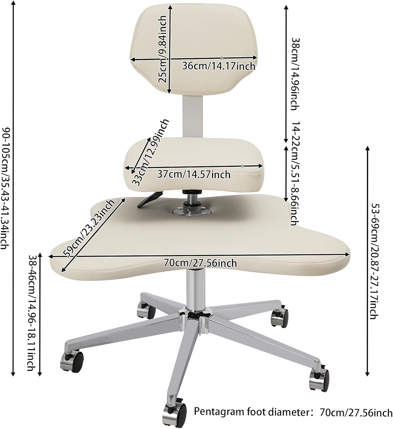 Cross Legged Office Chair with Wheels, Criss Cross Chair with 2 Adjustable Cushions, Ergonomic Meditation Chair for Home Office, Kneeling Chair with Swivel Base, Ivory White