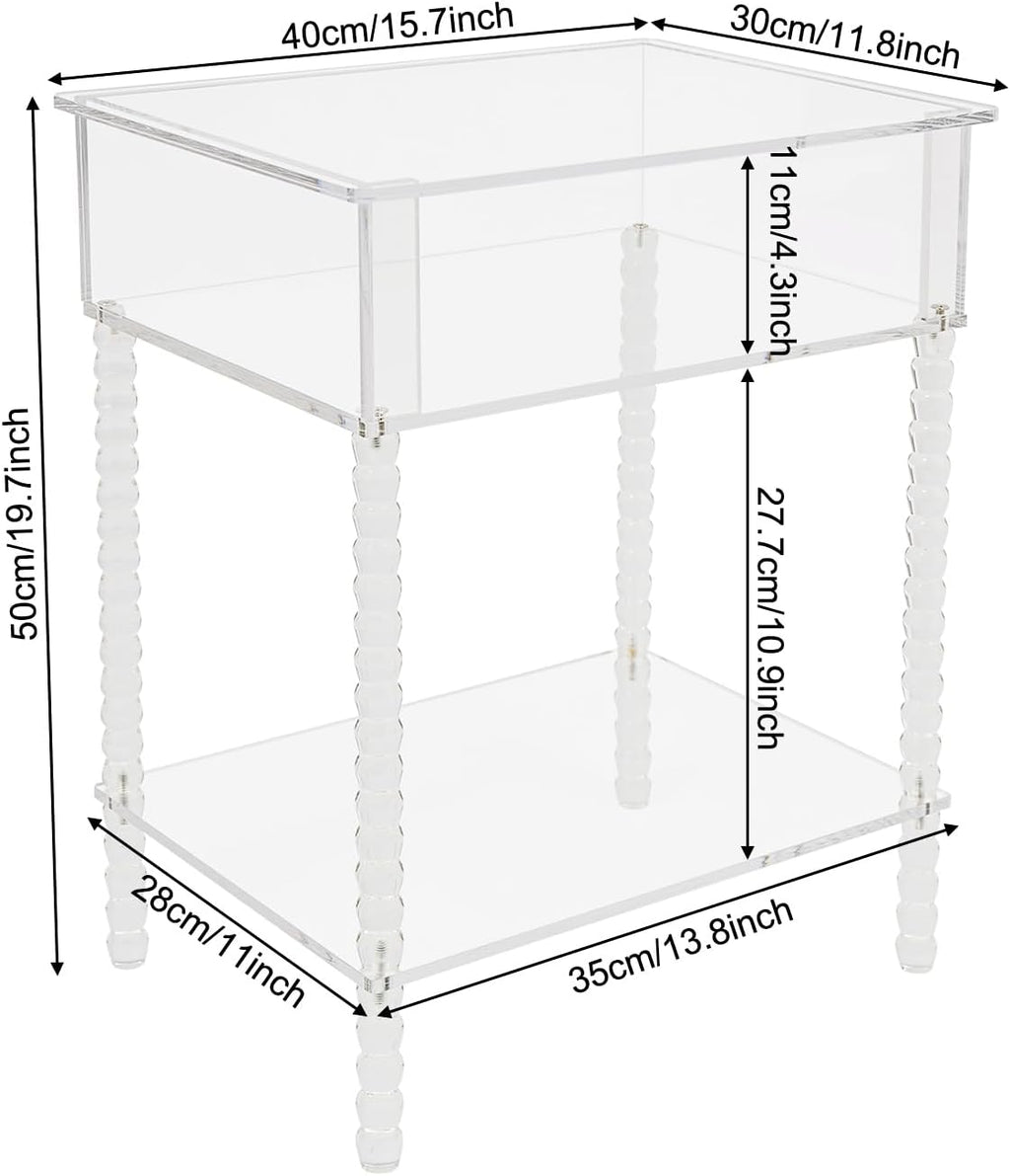 Acrylic Side Table, End Table with Storage, Small Bedside Table Accent Table, Nightstand for Living Room Bedroom, 16x 12x 20in (Clear)