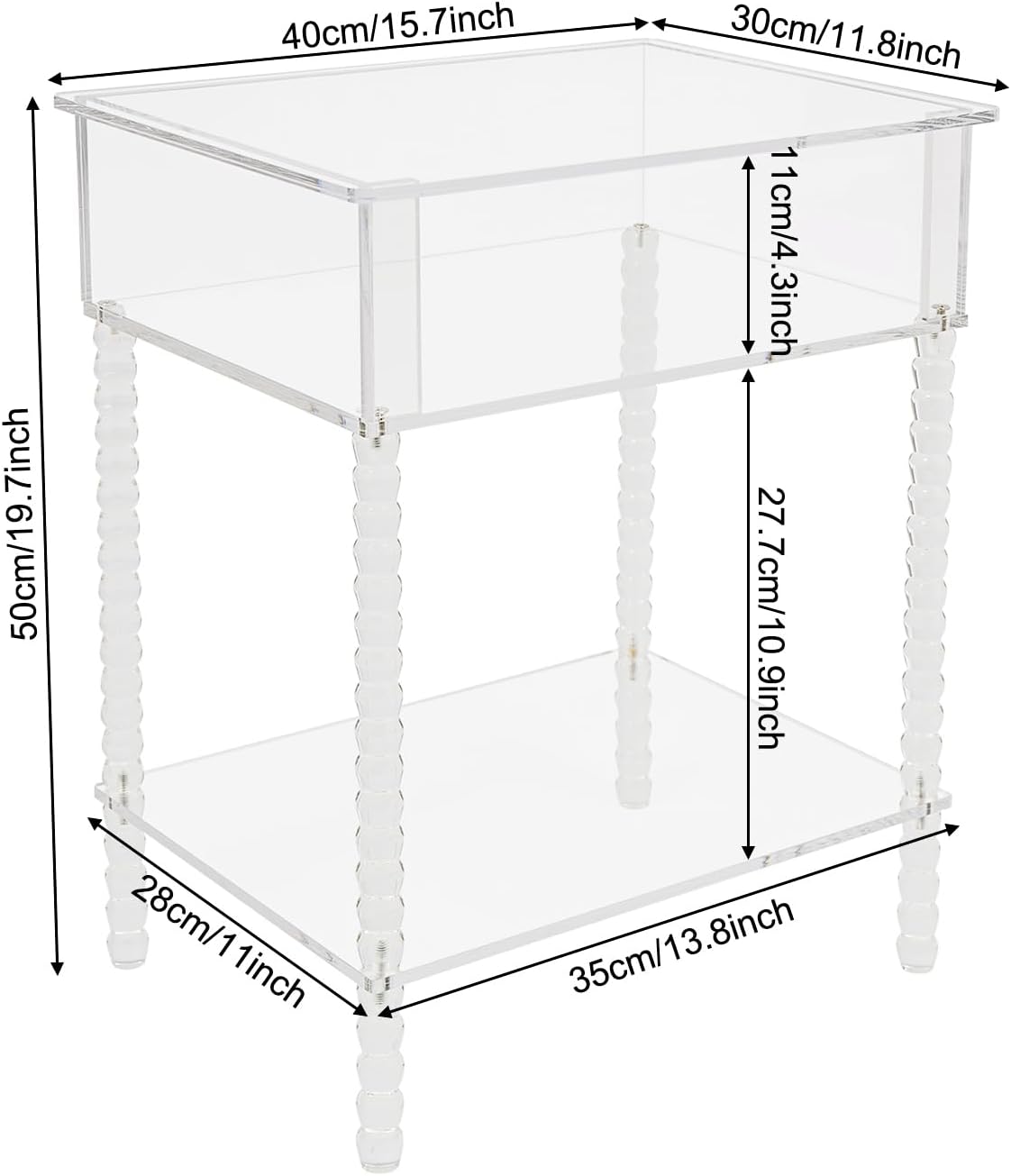 Acrylic Side Table, End Table with Storage, Small Bedside Table Accent Table, Nightstand for Living Room Bedroom, 16x 12x 20in (Clear)