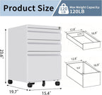3-Drawer Metal Filing Cabinet with Lock, Pre-assembled Rolling File Cabinet on Casters, Under Desk Storage Organizer for Home Office, Fits Letter/Legal/A4 Files, 15.4"L x 19.7"D x 23.6"H（White）