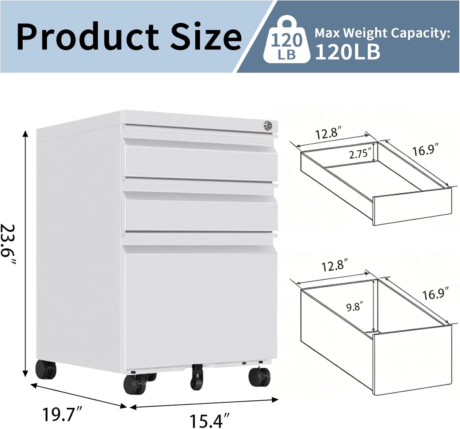 3-Drawer Metal Filing Cabinet with Lock, Pre-assembled Rolling File Cabinet on Casters, Under Desk Storage Organizer for Home Office, Fits Letter/Legal/A4 Files, 15.4"L x 19.7"D x 23.6"H（White）