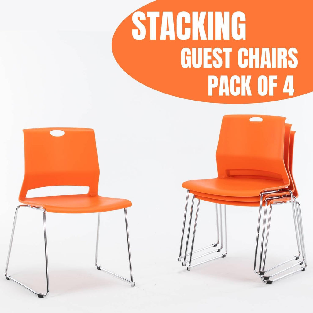 Set of 4 Stackable Chairs with Sled Base Reception Guest Chair Stacking Chairs for Office/Waiting Room/Conference Room/Guest Reception/Events/Churches, Orange.
