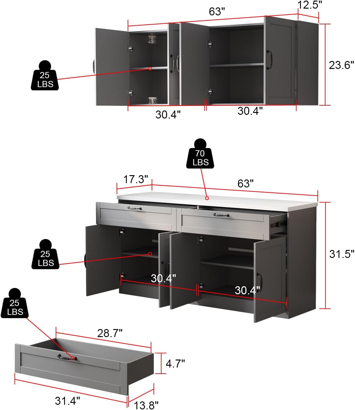 ECACAD Wall-Mounted Kitchen Pantry with Doors, Drawers & Adjustable Shelves, Kitchen Cupboard Storage Cabinet with White Top for Living Room, Grey